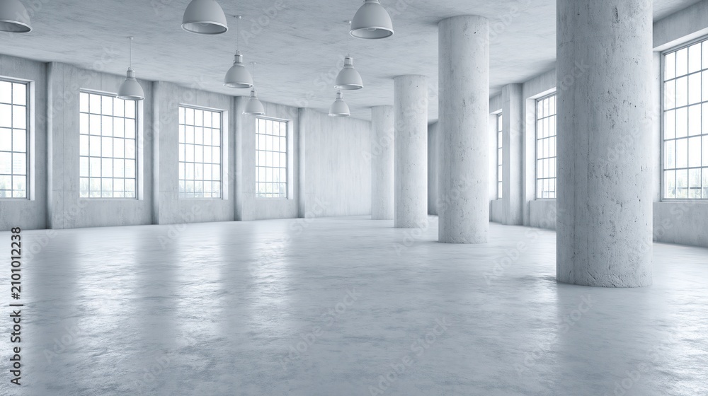 Obraz premium Spacious industrial loft with large windows and concrete columns, empty white studio space with natural light