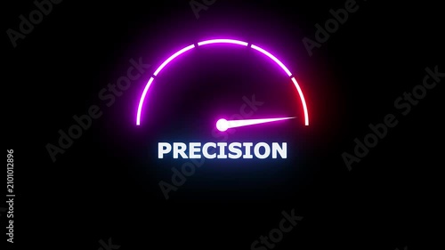 Glowing neon precision gauge indicator with a bright purple and red arc showing a needle pointing towards the left side on a solid black background