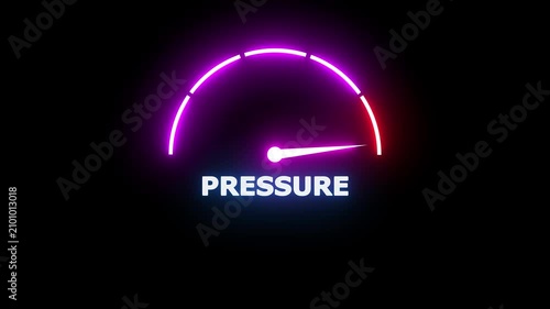 Neon glowing pressure gauge meter with a white needle pointing to the left side against a solid black background for industrial monitoring concepts