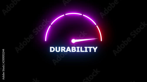 Neon glowing speedometer gauge with a bright pointer indicating durability on a dark black background for industrial concepts