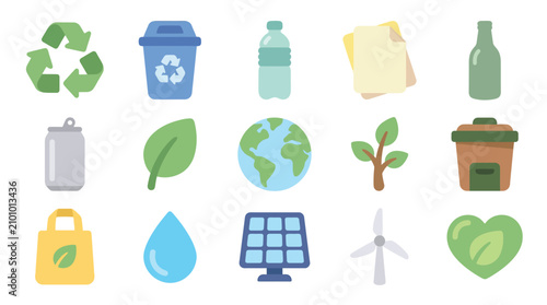 Collection of environmental icons representing recycling, sustainability, and eco-friendly concepts.