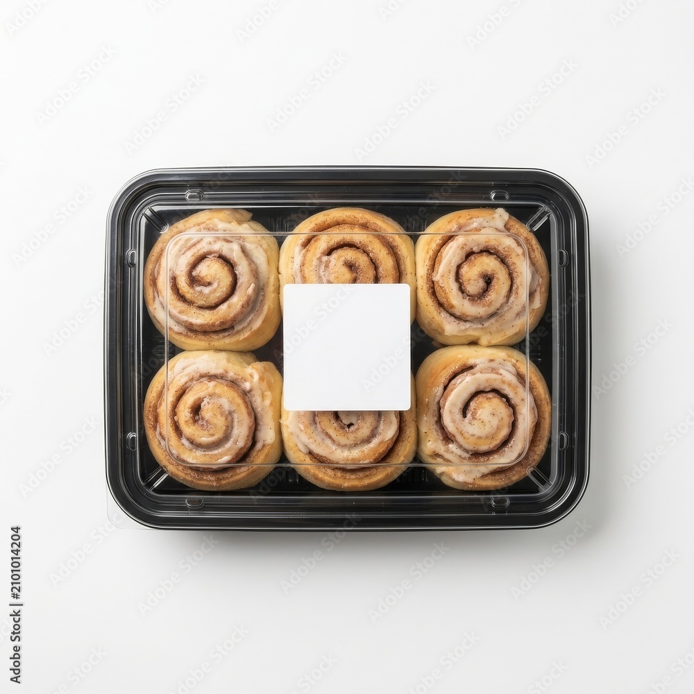 Fototapeta premium Cinnamon Roll in Clear Plastic Clamshell Container with Blank White Label