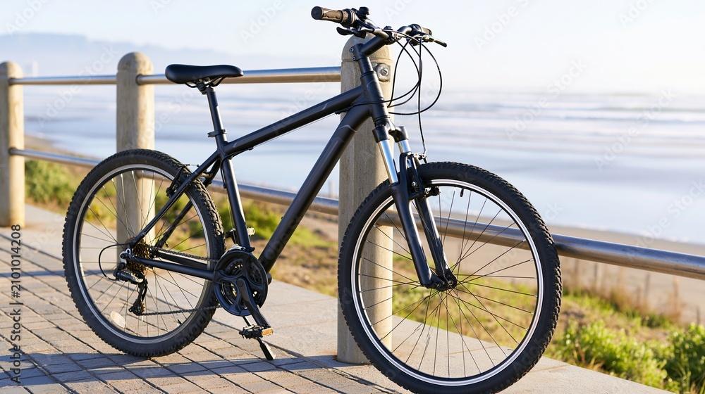 Fototapeta premium Sleek black mountain bike parked on a scenic boardwalk by the ocean at sunrise, ready for adventure.