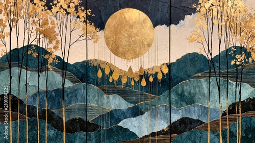 Teal mountain landscape with gold sun and trees triptych