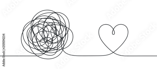 Tableau sur toile Tangled thread and heart shape illustration single line drawing on transparent s