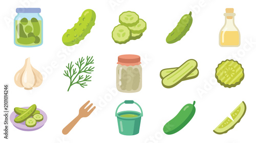 Foto Collection of fresh and pickled cucumber ingredients and tools for making pickles