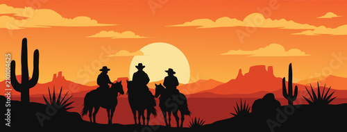 Western Desert Sunset Silhouette Flat Vector Landscape With Three Cowboys Riding Horses