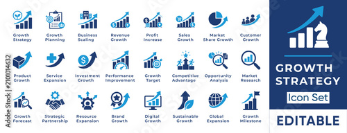 Business Growth Strategy and Market Expansion Solid Icon Set