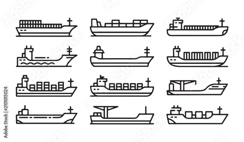 Konstfotografi Cargo ship line icons set including freighter ocean vessel container carrier maritime transport logistics