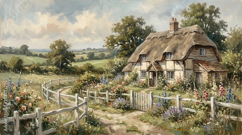 Oil Painting of Thatched Roof Cottage with White Wooden Fence