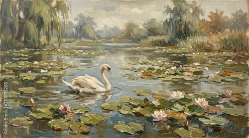 Oil Painting of White Swan Floating on Lotus Lake