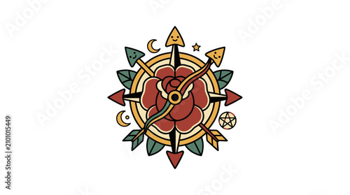 Foto Rose Compass Tattoo Design with Arrows, Moon, Star, and Pentacle