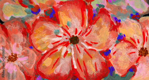 Fotografía Close up gouache painting texture of vibrant coral red geranium flowers blooming