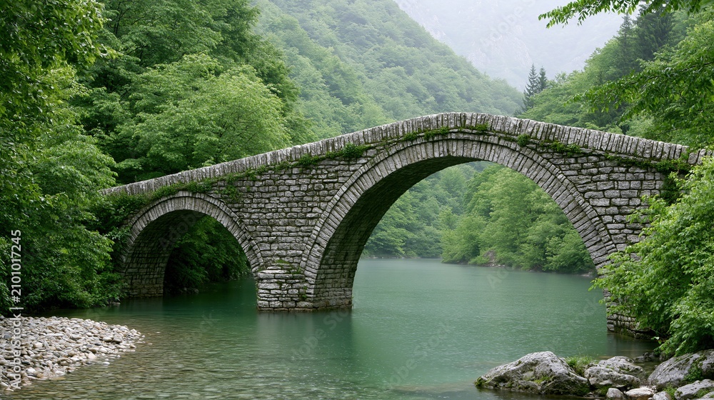 Fototapeta premium Historic Stone Arch Bridge Spanning a Tranquil River Surrounded by Lush Green Forest Scenery