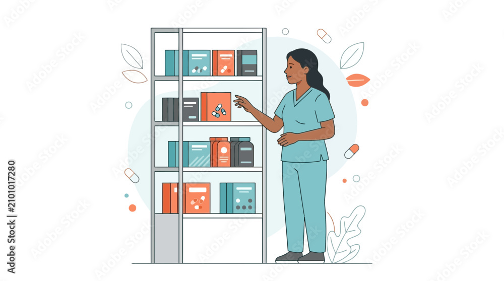 Obraz premium Pharmacist or Nurse Arranging Medications on Shelves in a Pharmacy or Hospital Setting - Vector Illustration