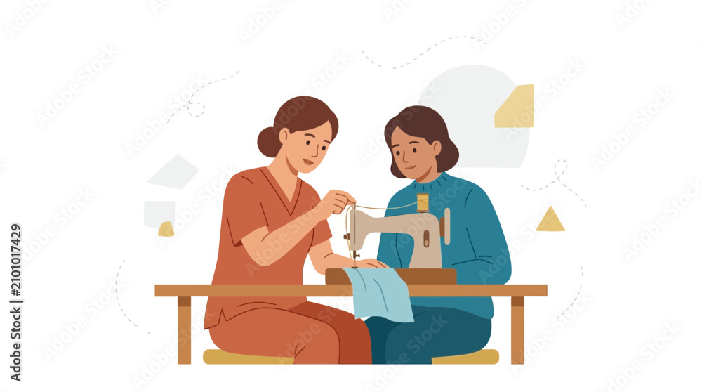 Fototapeta premium Two women sewing on a sewing machine, vector illustration, flat design, learning, crafting, hobby, teamwork