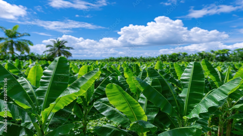 Obraz premium Lush green banana plants under vibrant blue sky with fluffy white clouds on a sunny day in the tropics