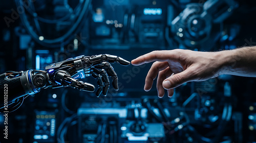 Human and Robot Touch: A symbolic image depicting the delicate touch of a human finger meeting the metallic finger of a robot.