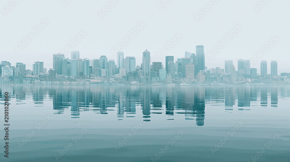 Fototapeta premium Modern city skyline reflected in calm water on a hazy day, urban landscape