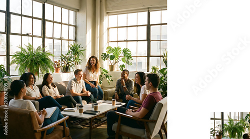 Diverse Team Collaboration in Bright Office: A group of diverse professionals engaged in an active discussion in a well-lit, plant-filled modern office space.