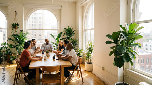 Collaborative Hub: A diverse group of individuals engages in a lively discussion around a modern meeting table, surrounded by abundant natural light and lush indoor plants.