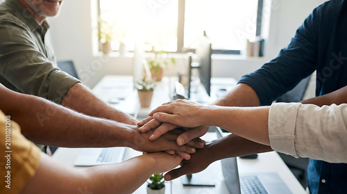 Unity and Collaboration: A close-up shot of diverse hands joined together in a powerful gesture of teamwork and unity, symbolizing shared goals and collective effort within a modern office setting.