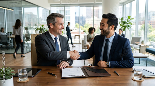 A Handshake Deal: Two smiling businessmen in suits seal a successful deal with a firm handshake across a polished desk in a modern office setting, reflecting professionalism and partnership.
