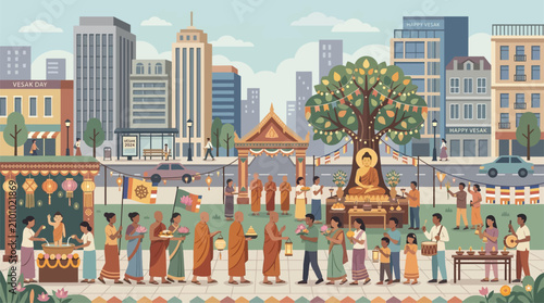 Bild auf Leinwand Diverse Community Celebrates Buddhist Festival in Urban Park with Traditional Pr