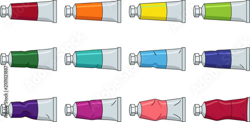 Colorful acrylic and oil paint tube vector icon set featuring twelve distinct multi colored metallic tubes for artistic painting and creative hobby designs