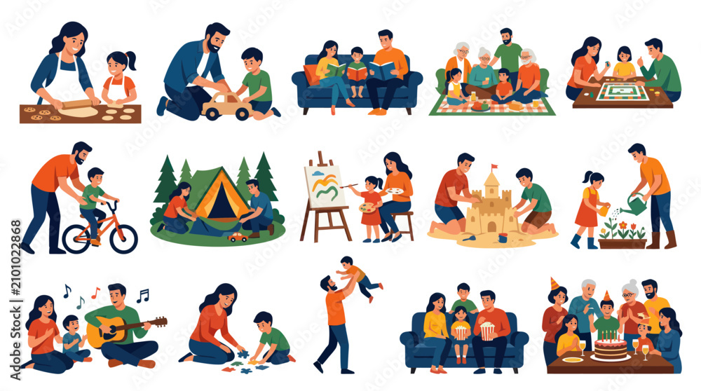 Naklejka premium Happy Family Activities Flat Vector Illustration Set - Parenthood, Childhood, Leisure Lifestyle