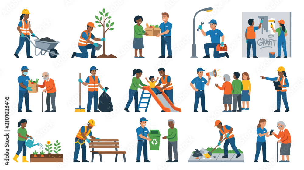 Fototapeta premium Community Service Vector Art: People volunteering in flat style