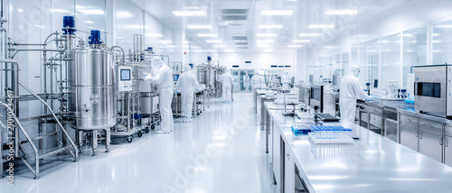Modern pharmaceutical manufacturing clean room facility with laboratory technicians
