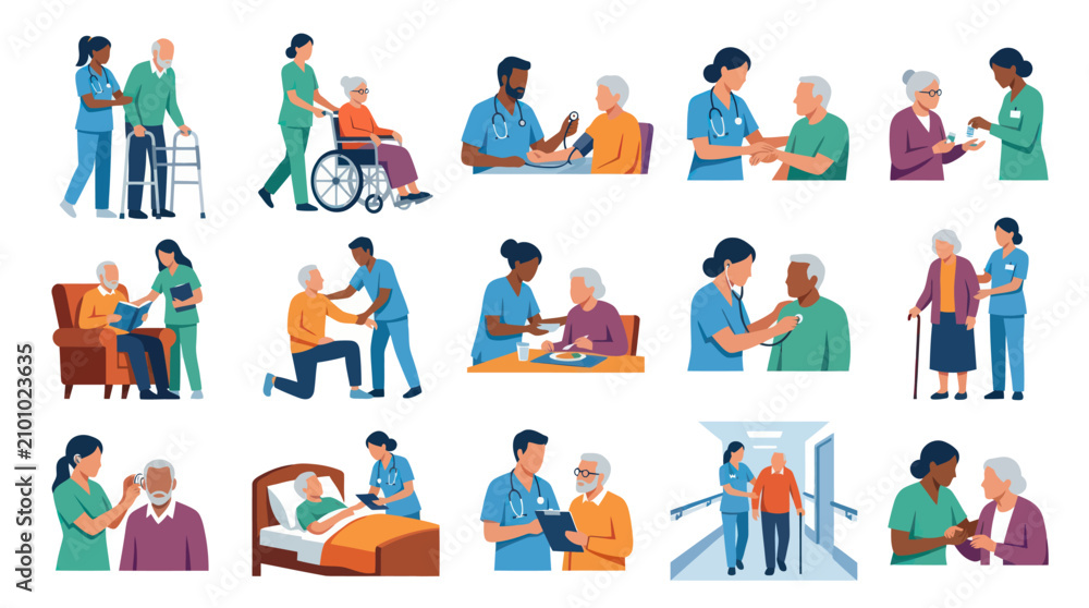 Fototapeta premium Flat Illustration Set: Diverse Caregivers Assisting Elderly Patients