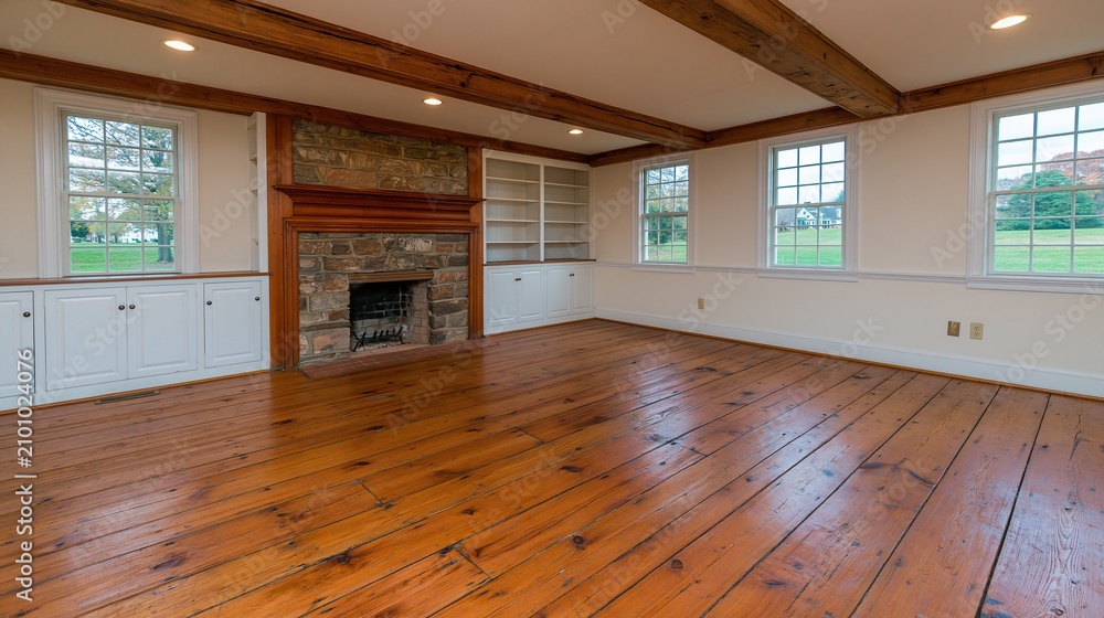 Obraz premium Spacious, sunlit living room with rustic wooden floors, exposed beams, and a stone fireplace