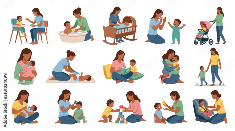 Fototapeta premium Flat Style Illustration of Mother and Child Daily Life Activities Vector Set