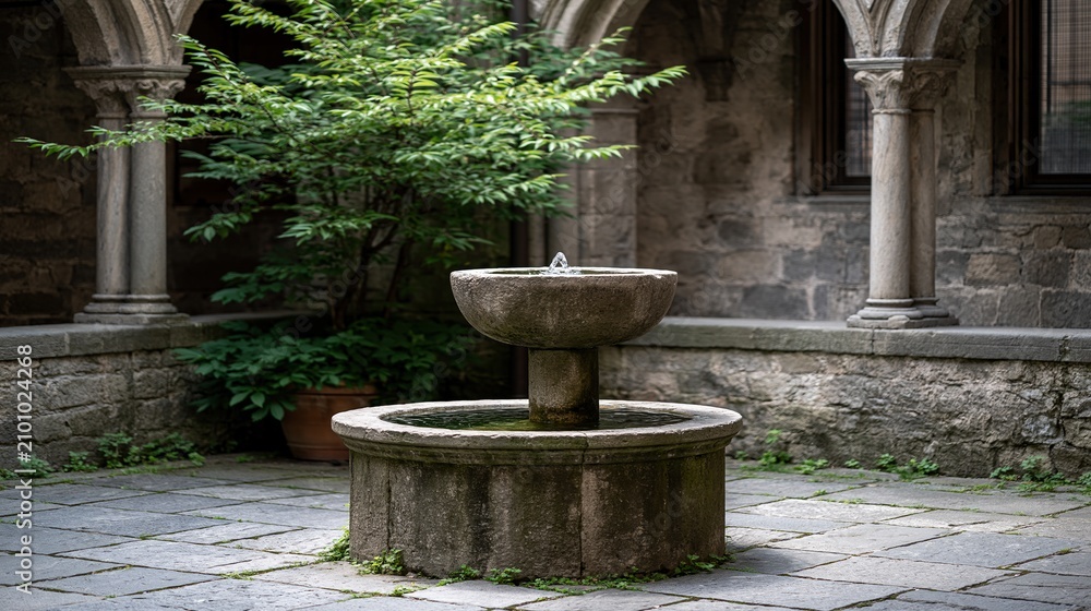 Obraz premium Tranquil Stone Courtyard Fountain with Lush Greenery and Arched Architecture