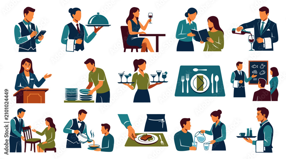 Fototapeta premium Flat Style Icons of Restaurant Staff Serving Food and Drinks