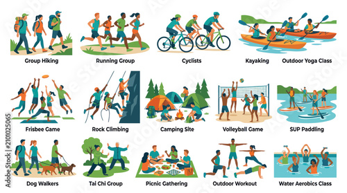 Diverse Outdoor Activities Flat Vector Icons Set - Healthy Lifestyle