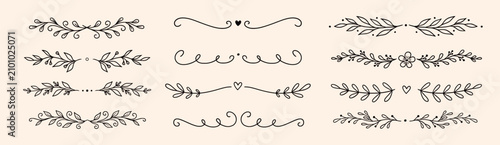 Line floral ornament leaf set. Hand drawn line floral ornament border vine doodle flower frame decor. Laurel olive divider flourish wreath botanical wedding garden vintage. Vector illustration