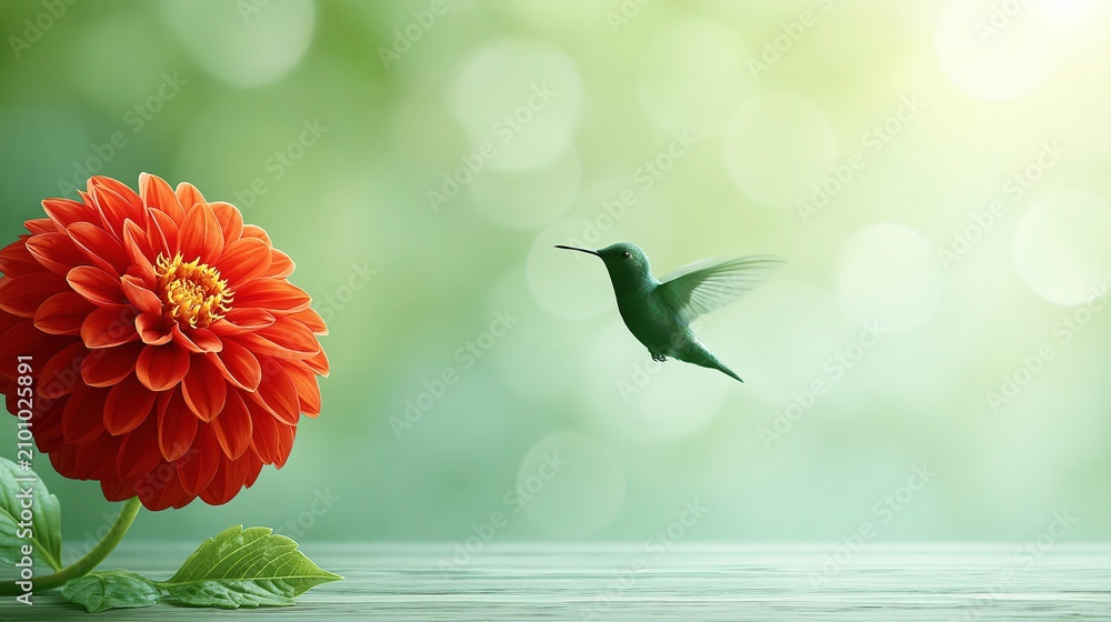 Fototapeta premium Vibrant Orange Dahlia Flower in Soft Focus with a Hummingbird Hovering in Gentle Sunlight