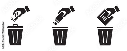 Vector icons set showing hand placing different types of trash items into a garbage bin container.