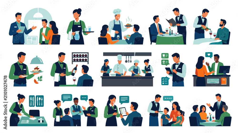 Fototapeta premium Flat Style Vector Icons of Restaurant Service, Waiter and Chef Activities