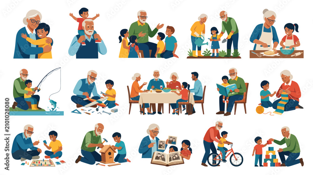 Fototapeta premium Grandparents and grandchildren in various activities, flat illustration