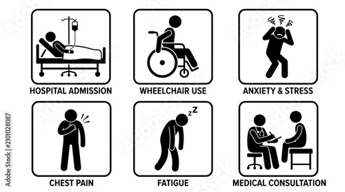 Hospital and medical condition pictograms including admission, fatigue, and pain.