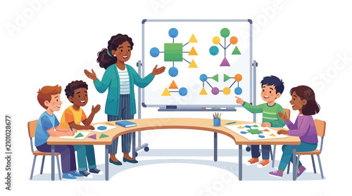 Teacher explaining geometric shapes and logic in classroom