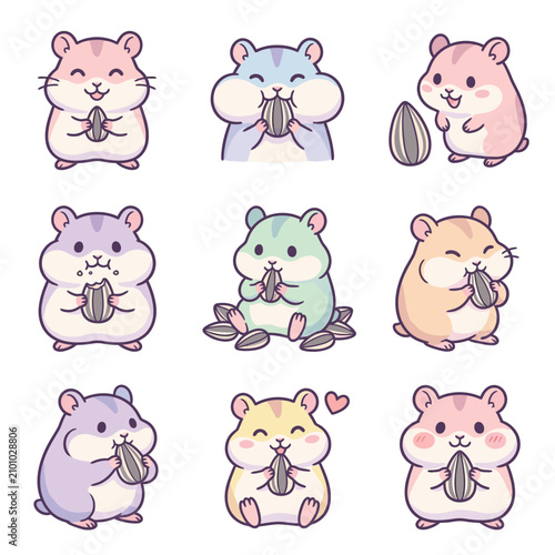 Cute cartoon hamster characters eating sunflower seeds in various poses