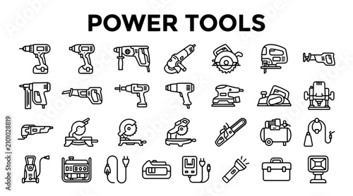 A comprehensive collection of linear power tool icons for construction, DIY projects, and hardware store branding.