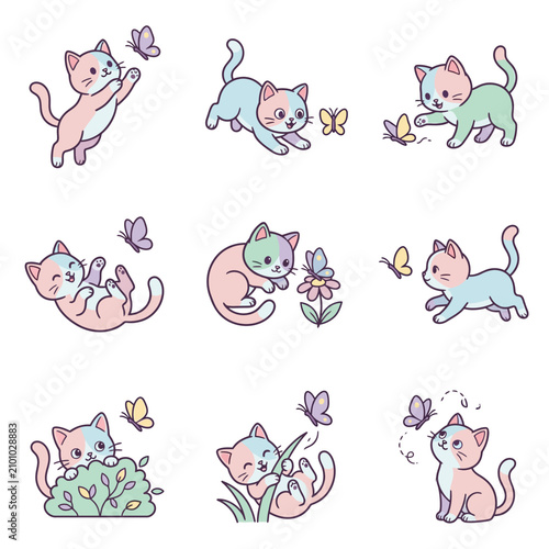 Cute cartoon kittens playing with butterflies in playful poses