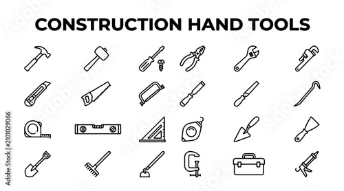 Construction hand tools icon set. Outline vector collection of professional repair equipment.