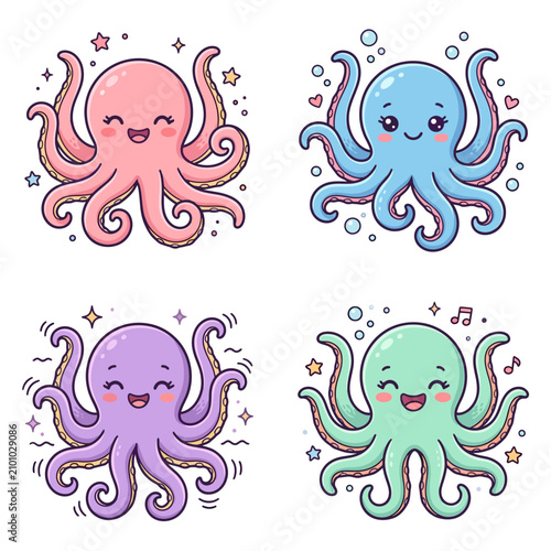 Cute cartoon octopus characters in vibrant colors and playful poses
